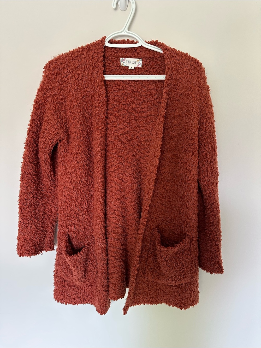 Pink Rose Rust Open-Front Plush Cardigan with Pockets